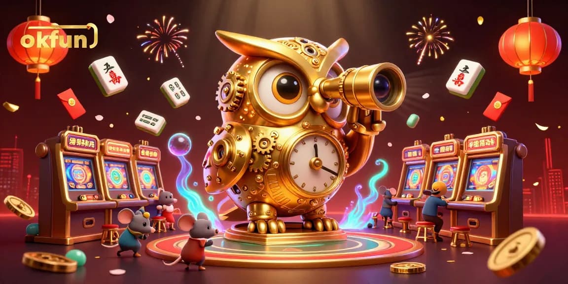 Stake wins at okfun while exploring a vibrant casino scene with a golden owl amidst lively game elements.