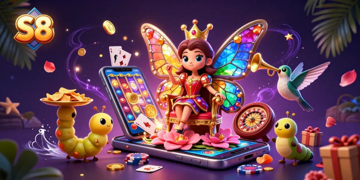 S8 mobilizes excitement with a 3D butterfly queen and casino symbols in a captivating gambling scene.