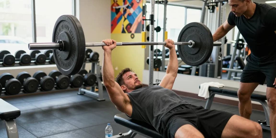 Utinon Steroids Shop: Athlet beim Bankdrücken in modernem Fitnessstudio.