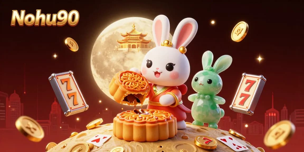 Nohu90 offers a vibrant 3D illustration featuring a moon rabbit and casino elements, showcasing slot games and jackpots.