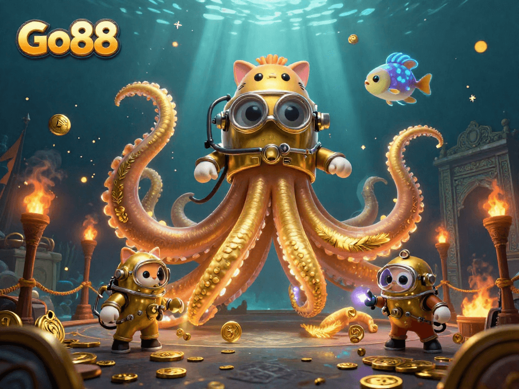 Engage with Go88's gaming thrills amidst an energetic underwater scene featuring a kraken and diving cat.