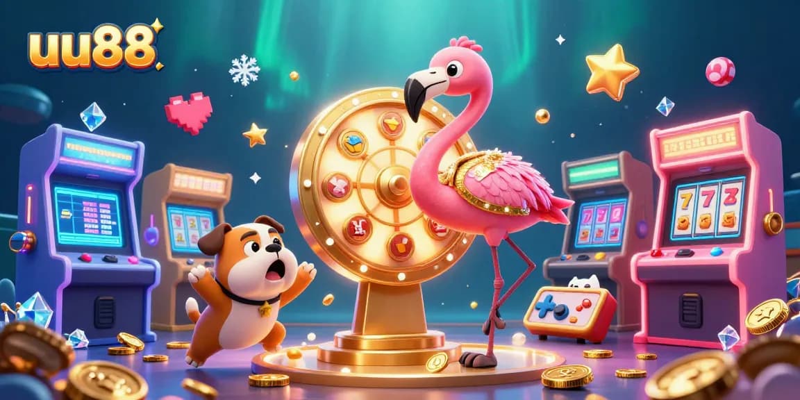 Spin and win with uu88 in a vibrant casino-themed 3D illustration featuring dynamic characters and game elements.