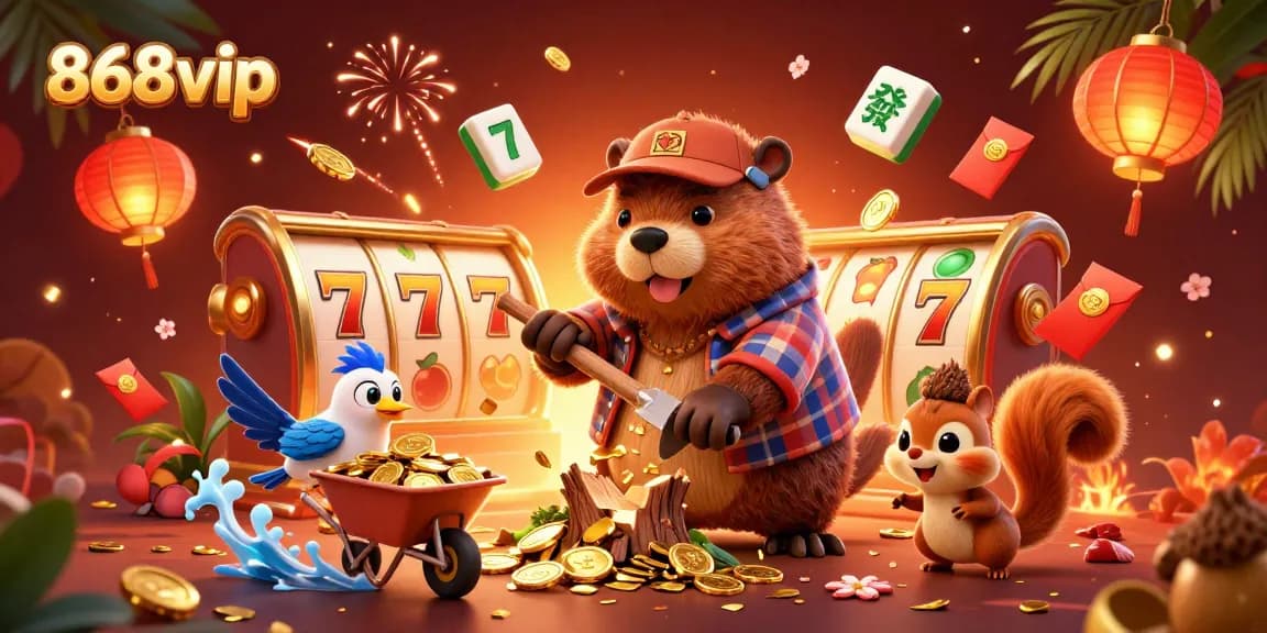 868vip promotes fun slot gameplay with a beaver character raining coins in a vibrant scene.