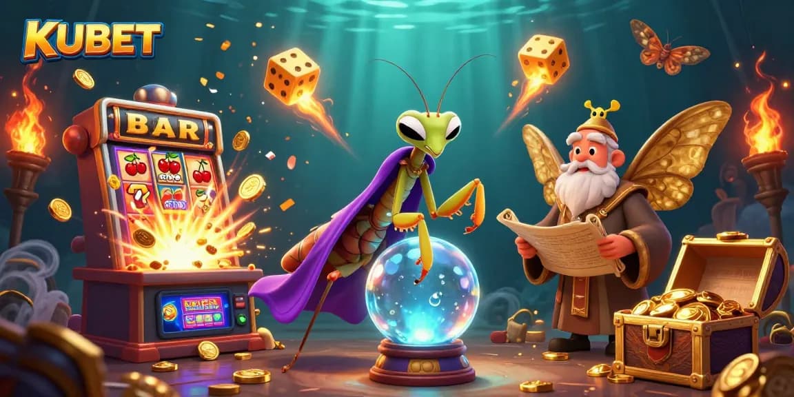KUBET unveils a vibrant casino scene with a fortune teller, librarian, and a dynamic game lobby
