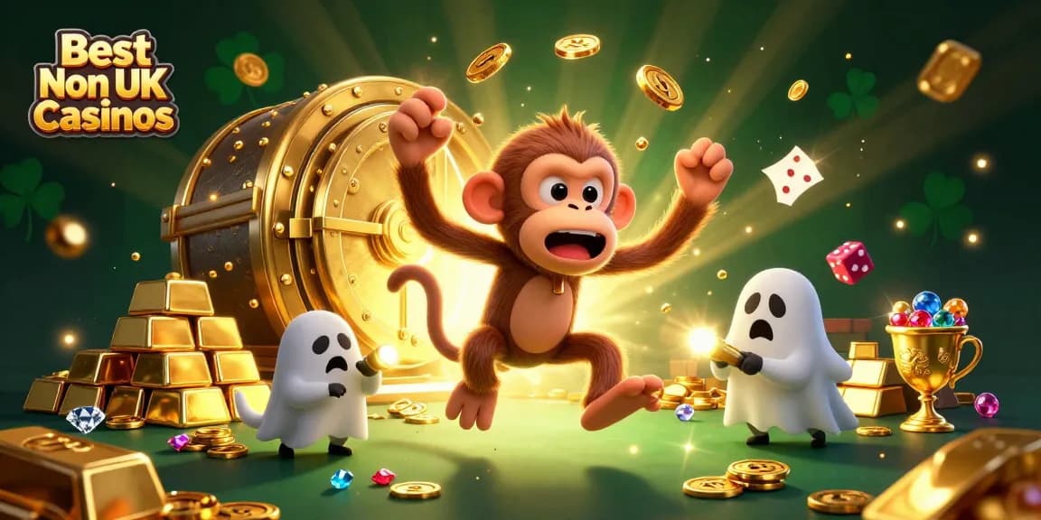 Experience the thrill of the Best Non UK Casinos with our lively casino-themed illustration and golden treasures.
