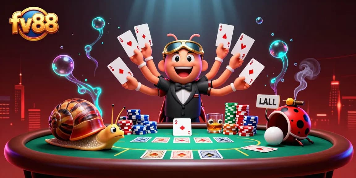 Experience thrilling action at FV88 with a dynamic poker scene featuring a millipede dealer and high-roller snail.