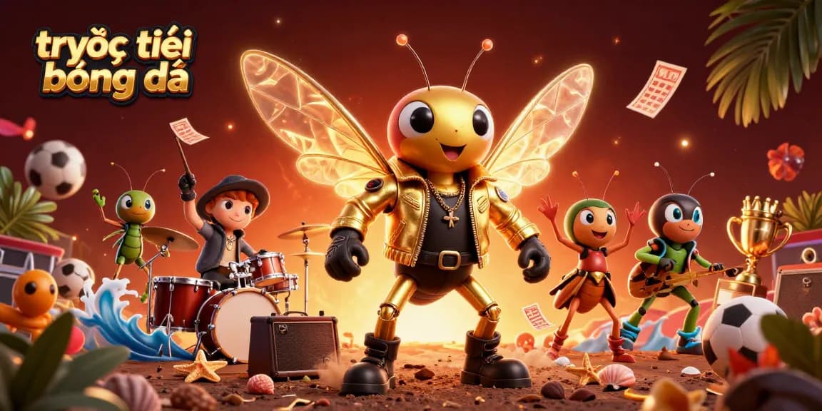 Engage in trực tiếp bóng đá excitement with vibrant sports elements and cartoon rock stars.