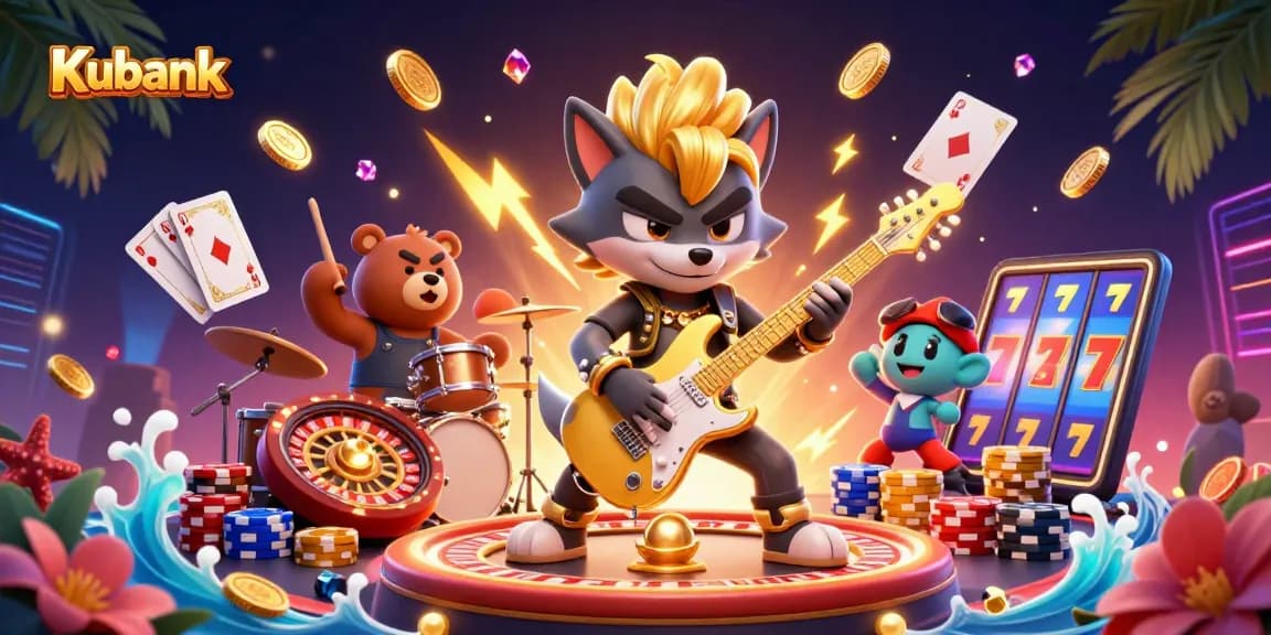 Kubank promotional illustration featuring a rock star wolf and drummer bear amidst swirling casino elements.