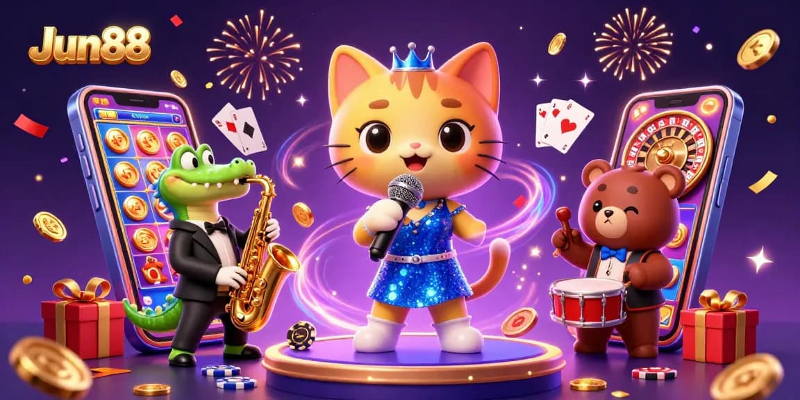 Engage with Jun88's vibrant casino atmosphere through a jazzy 3D digital illustration.