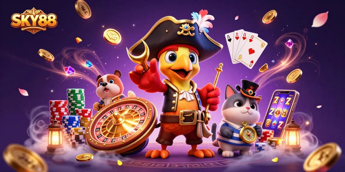 Experience thrilling wins with SKY88 in an ultra-detailed casino adventure featuring vibrant characters and exciting game elements.