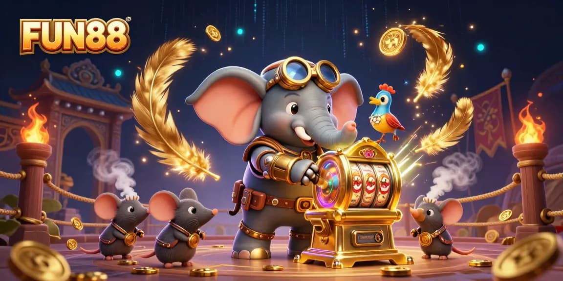 Engage with FUN88's thrilling slot machine action in a vibrant 3D casino scene.