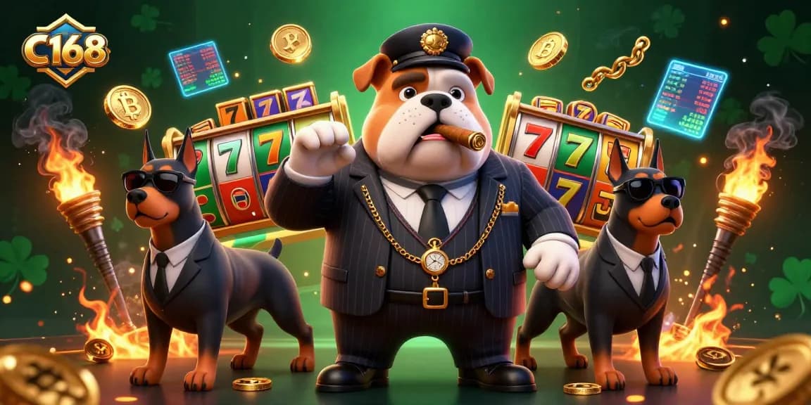 C168 casino banner showcasing a bulldog mafia boss and Doberman bodyguards amid dynamic slot game elements.