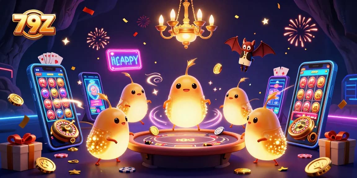 Experience the thrill of winning with 79Z in a vibrant cave casino scene filled with animated glowworms and games.