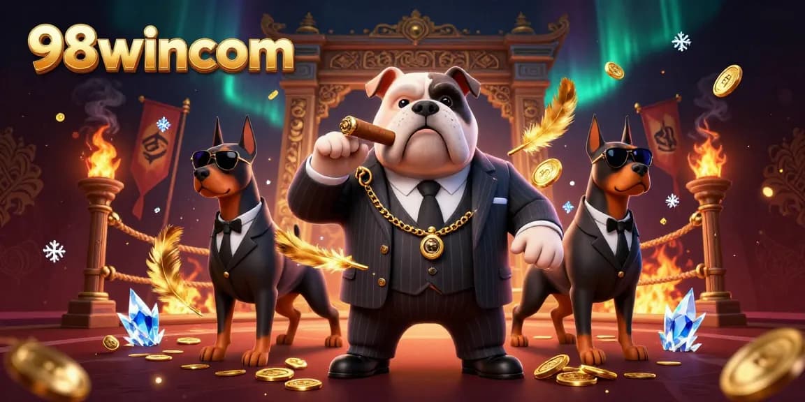 Engage with the vibrant 98wincom casino scene featuring animated gambling icons and characters.