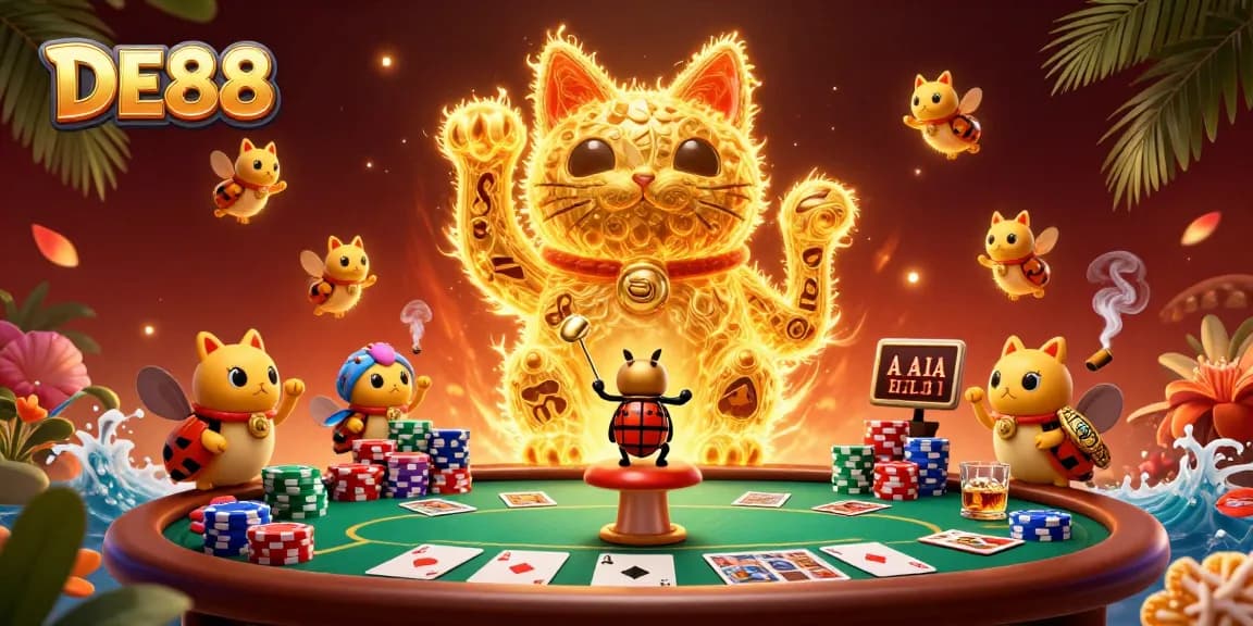 Experience the vibrant DE88 casino world with a dynamic lucky cat crafted from fireflies.