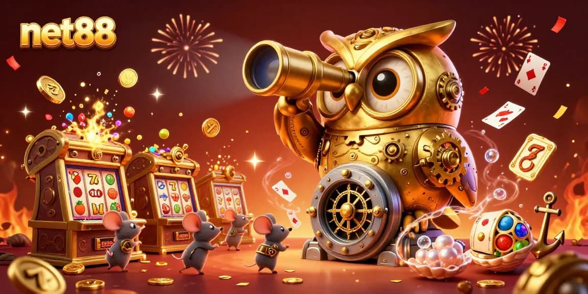 Engage with net88's vibrant casino floor featuring a golden owl, lucky slots, and lively game elements.