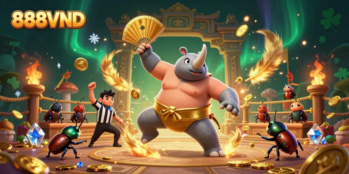Experience thrilling sports betting with 888VND as a beetle sumo champion stomps coins and fans cheer.