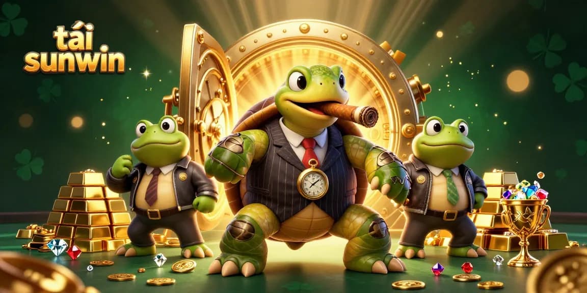 Engage with tải sunwin in a vibrant casino scene featuring a mobster turtle and frog enforcers.