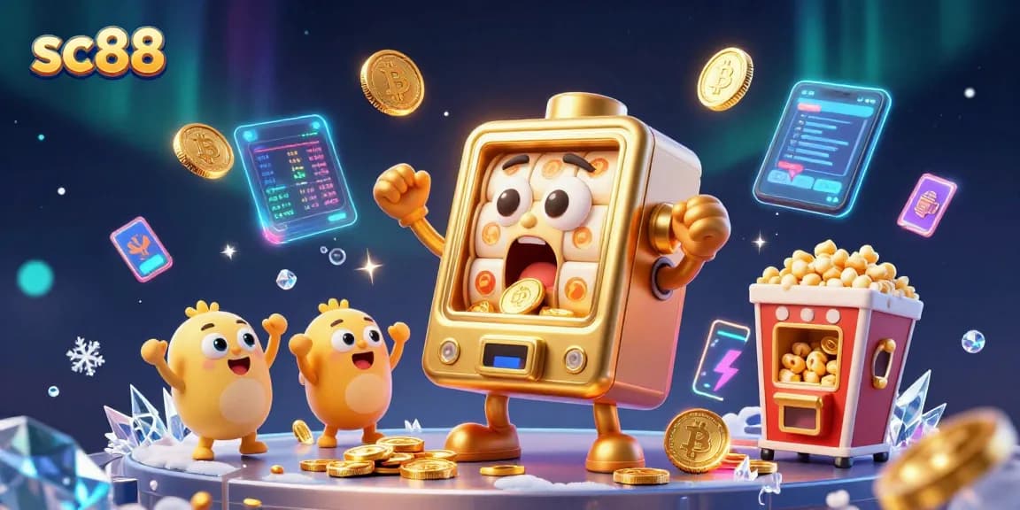 sc88 slot machine winning jackpot with cheering machines and crypto elements