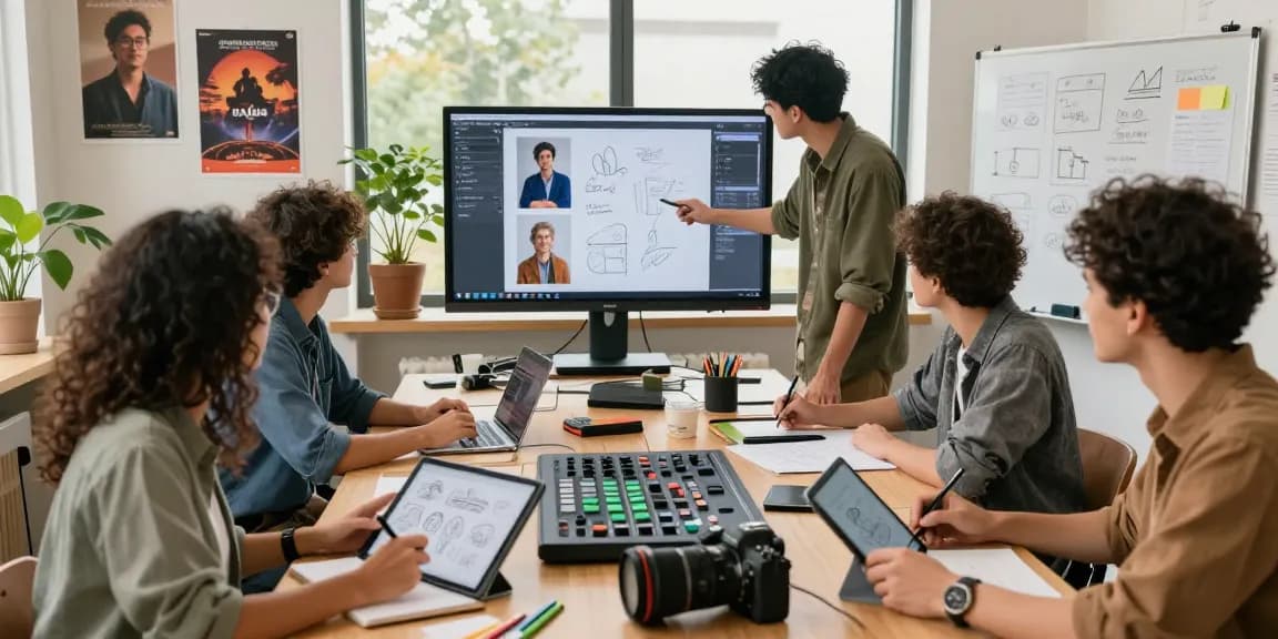 Team collaborating on a digital mix board in a bright creative workspace, showcasing innovation and teamwork.