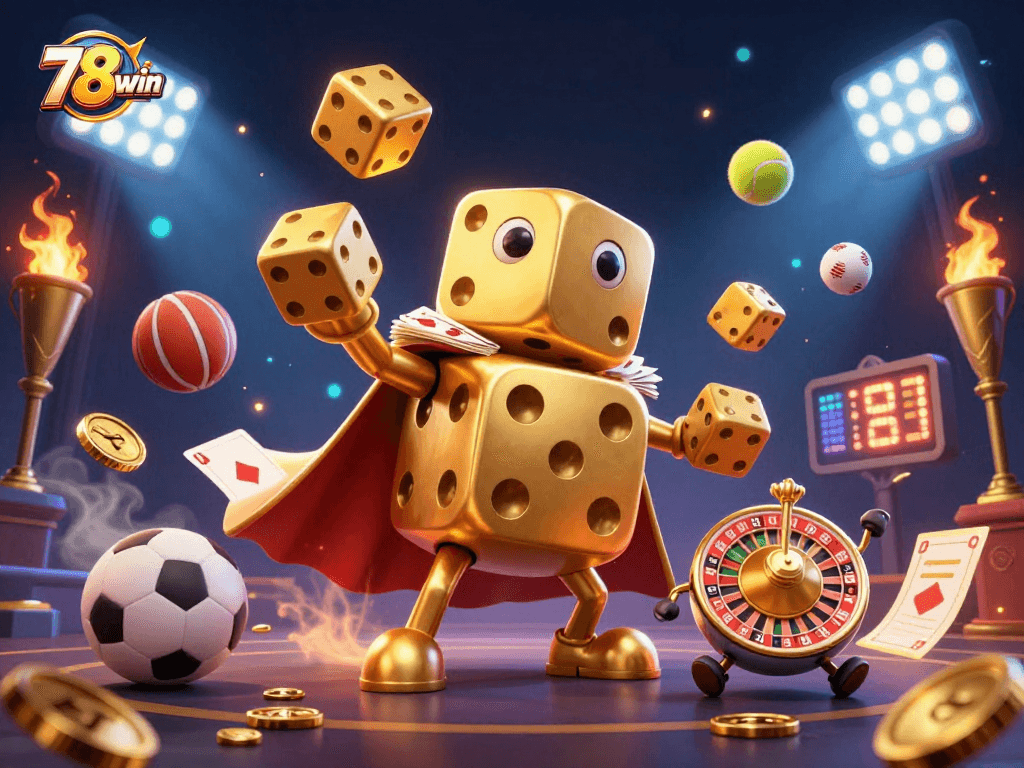 Engaging players with winning strategies at 78win, featuring a whimsical golden dice golem and dynamic sports elements.