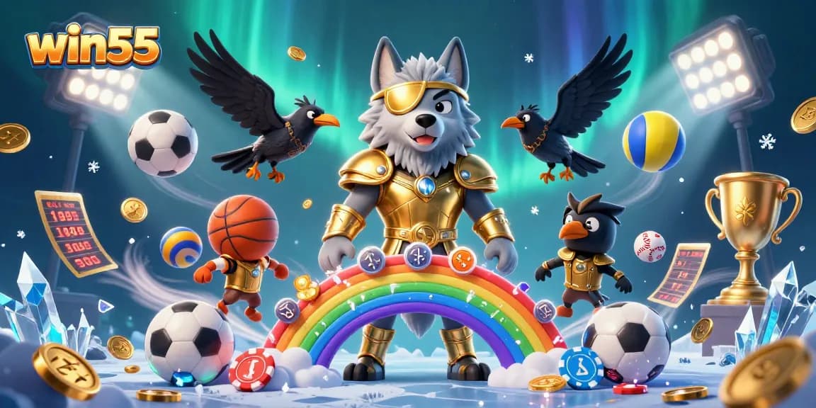 Win55 offers thrilling gaming experiences with an Odin wolf and ravens amid vibrant casino elements.