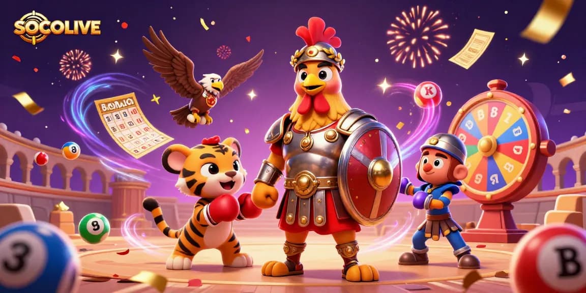 SOCOLIVE showcases a dynamic gambling scene with 3D gladiator rooster and vibrant lottery elements.