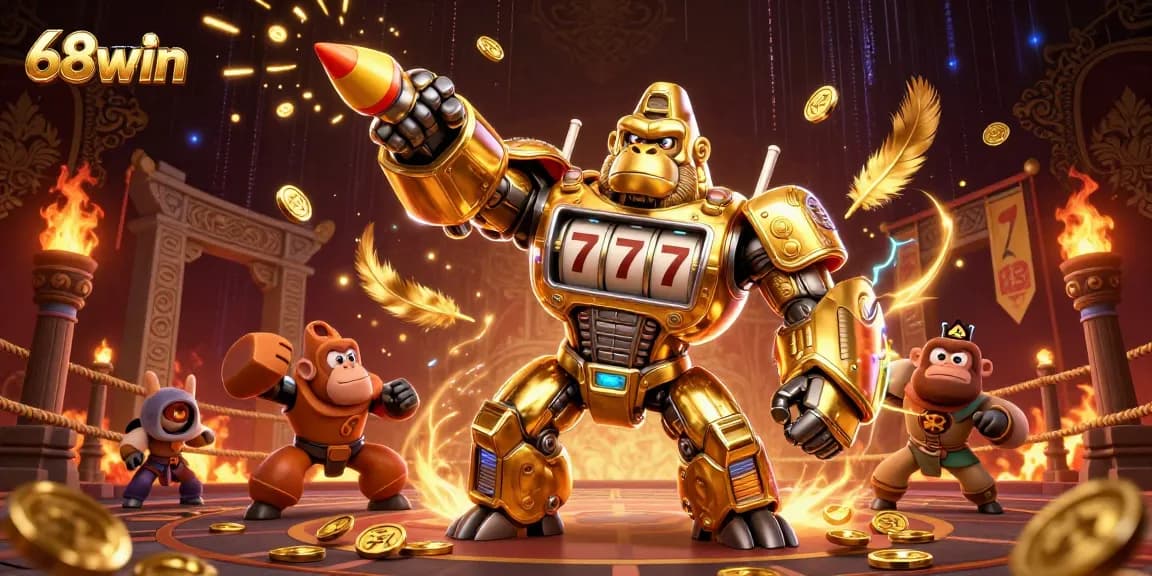 68win showcases a dynamic 3D transformation with a golden mech unleashing coins in a vibrant casino atmosphere.