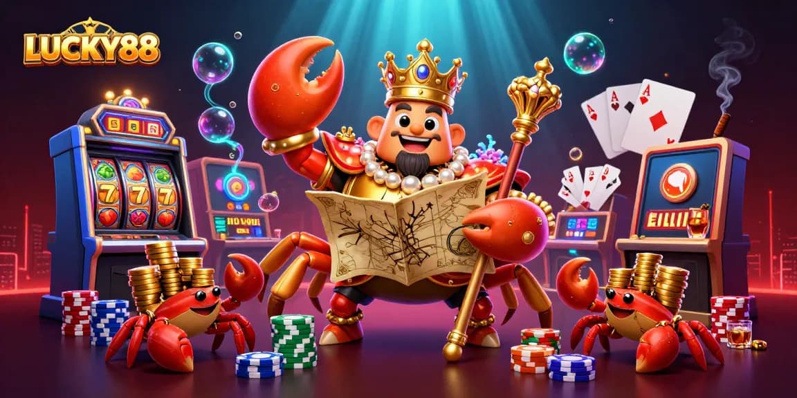 Experience thrilling gameplay with LUCKY88 as a golden crab emperor leads a vibrant casino scene filled with exciting slot symbols.