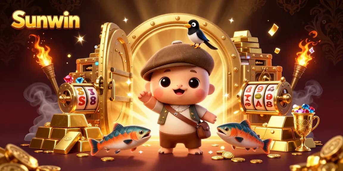 Experience the thrill with Sunwin; a vibrant 3D scene featuring Nessie, a magpie, and salmon amidst golden treasures and slot reels.