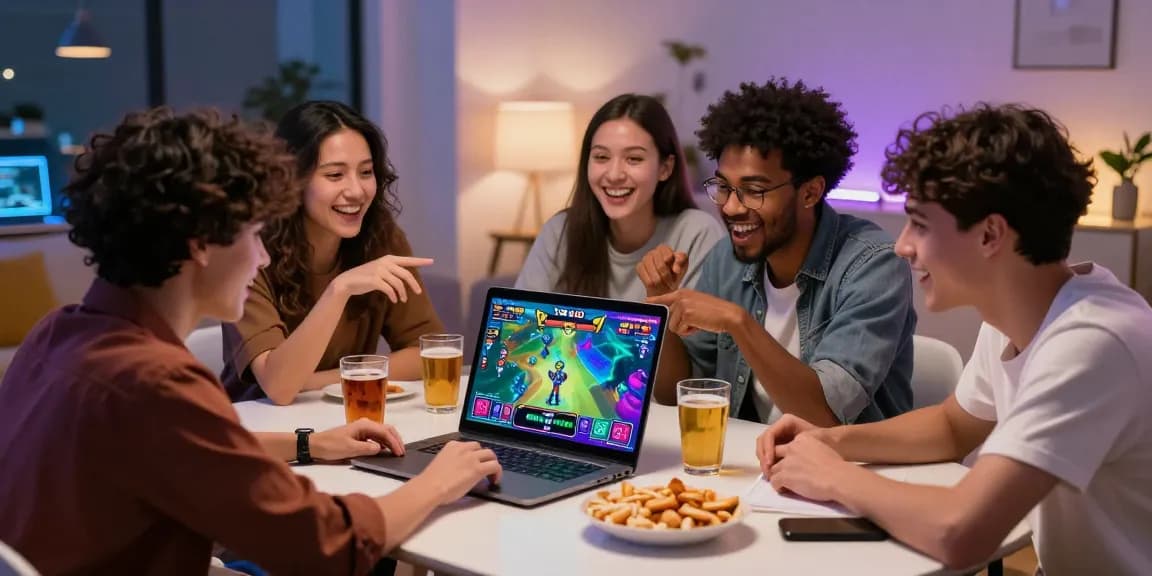 Engaging friends collaborating on strategies for Link Alternatif Togel88 in a lively home setting.