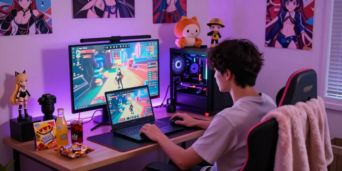 Engaged player enjoying hentai games on a gaming laptop in a cozy bedroom.