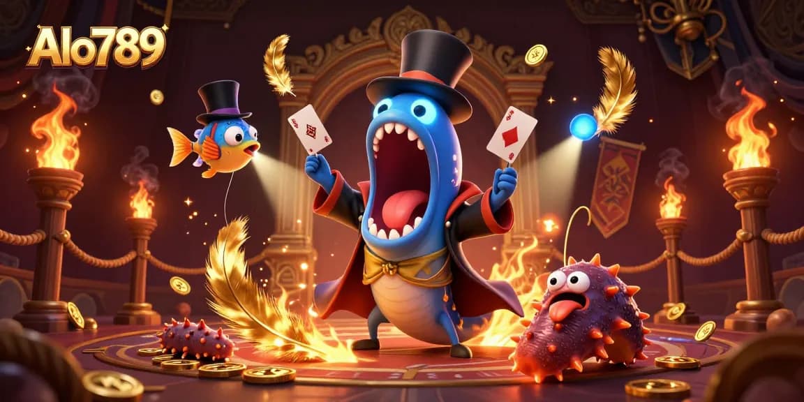 Alo789 showcases a dynamic casino scene with unique characters performing magical acts and gambling elements.