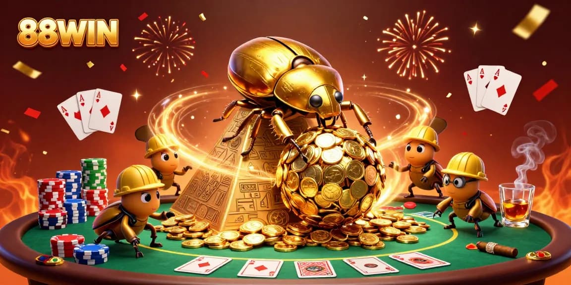 88WIN's captivating scene with golden beetle and vibrant poker elements celebrating wins.