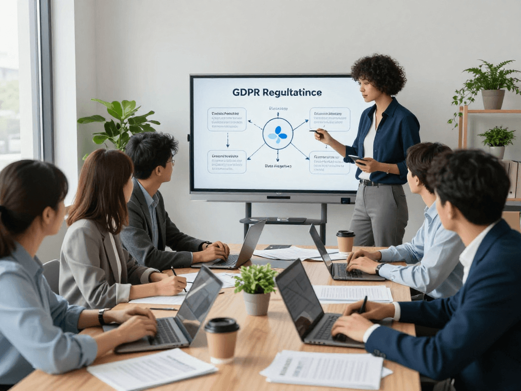 Professionelles Team diskutiert über Datenschutz und DSGVO-Vorgaben im Wissen / Blog-Hub.
