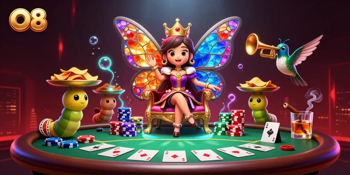 O8's butterfly queen commands the casino with vibrant poker chips and card elements.