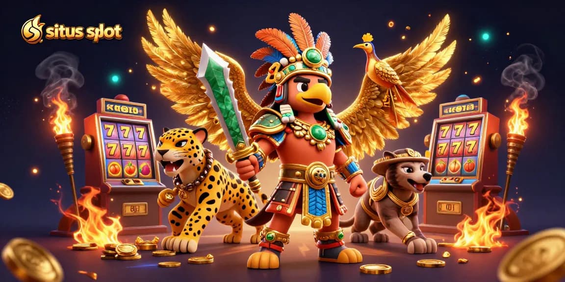 Visualisasi situs slot dengan slot reels berwarna-warni dan karakter Aztec bertarung dengan efek menarik.