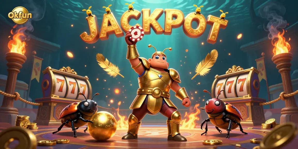 Spin to win with okfun as a hercules beetle lifts a poker chip in a vibrant casino scene.
