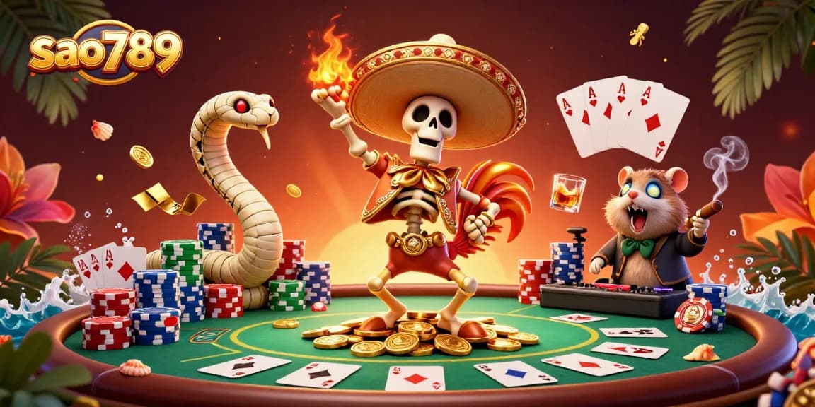 Sao789's vibrant illustration showcases a whimsical 3D casino scene celebrating game dynamics with characters in action amidst poker elements.