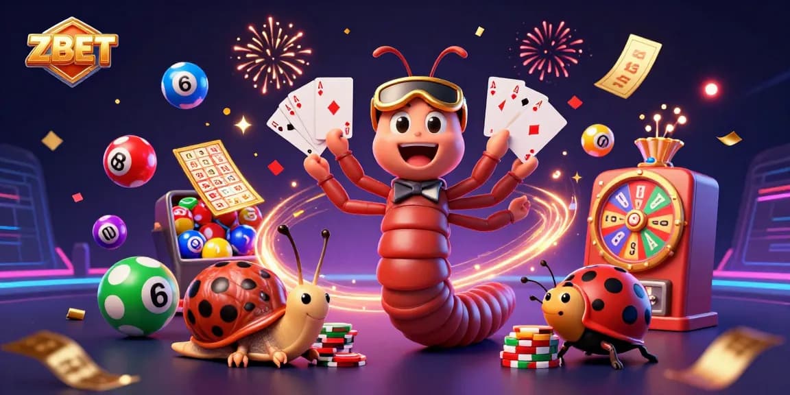 ZBET explosion of excitement with a vibrant casino scene featuring dynamic characters and game elements.