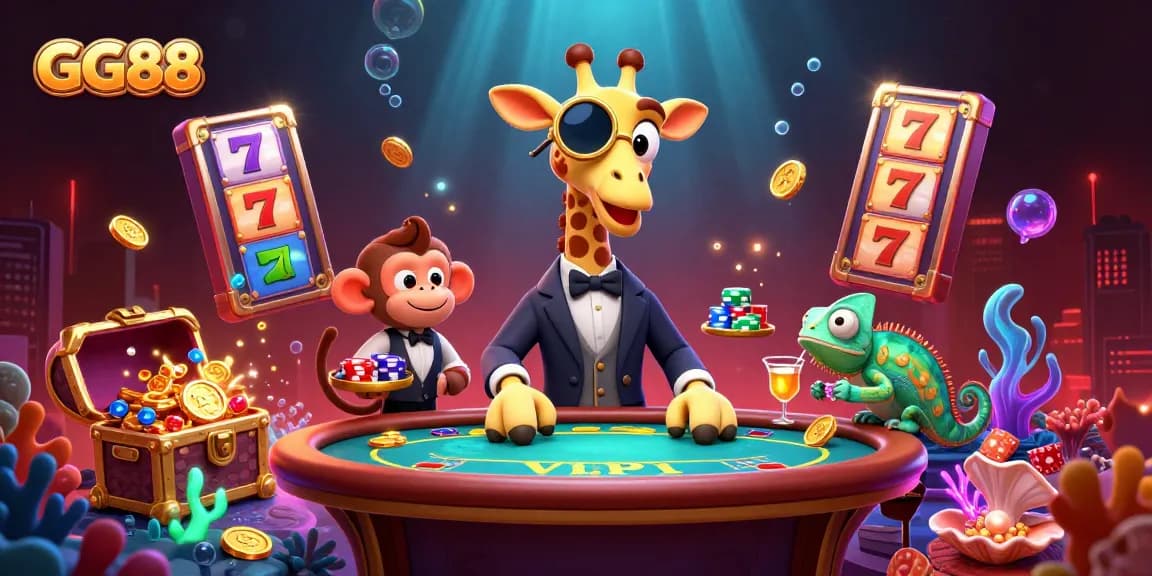 Experience excitement at GG88 with a vibrant scene featuring a high-roller giraffe and casino elements.