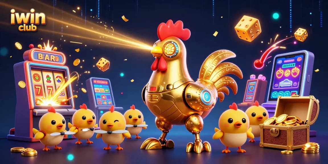 Spin the reels with iwin club's vibrant golden rooster robot and dazzling casino elements!