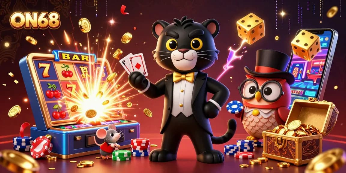 Join the action at ON68 with a stylish panther dealer and lucky casino elements.