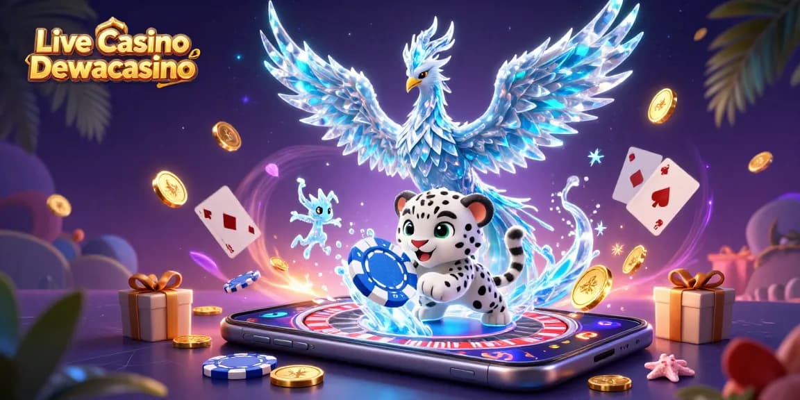 Live Casino Dewacasino showcases an enchanting scene with a snow leopard cub, poker chips, and colorful casino elements.