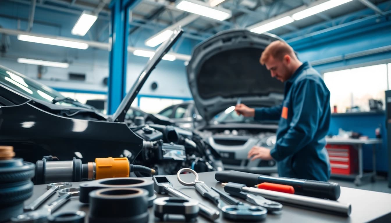 Motorschaden Ankauf: Mechanic inspecting a damaged car engine in a bright automotive repair shop.