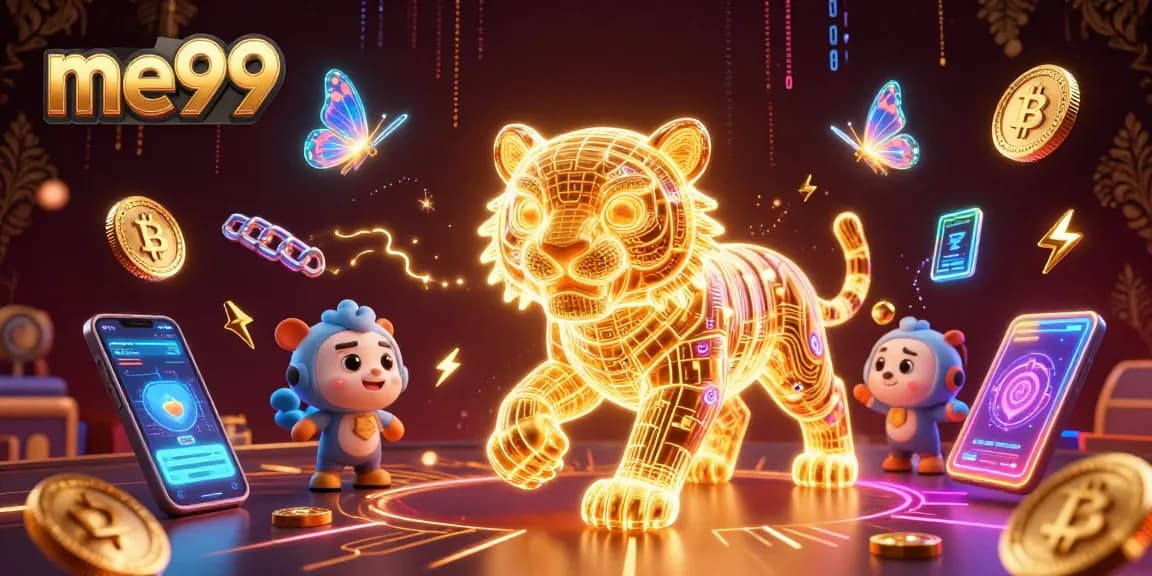 Experience the thrill of me99 with a neon-wireframe tiger in a vibrant digital casino.
