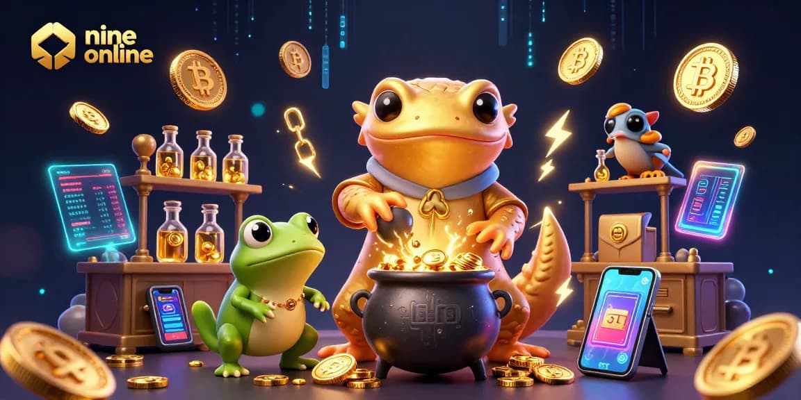 Experience nine online in a dynamic casino scene with alchemists turned gold and vibrant crypto elements.