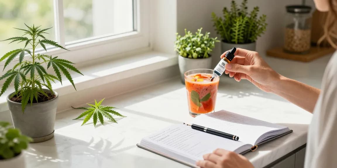 THC vape juice being taken in a bright wellness kitchen with organic elements and CBD products, promoting natural health.
