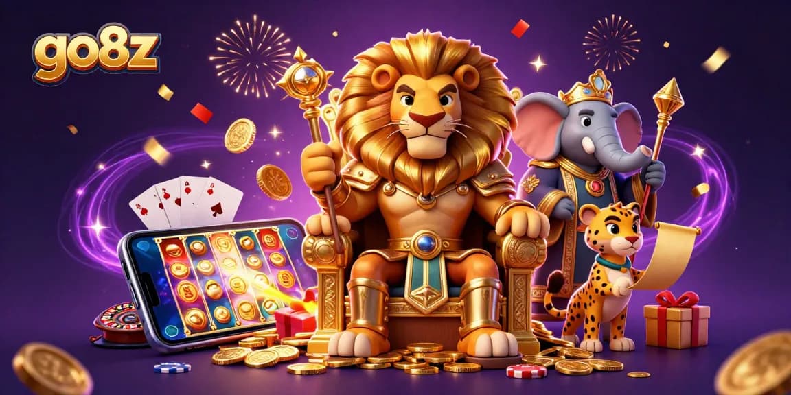 Experience the excitement of go8z with a fierce lion king, wise advisor, and swift messenger in an engaging casino scene.