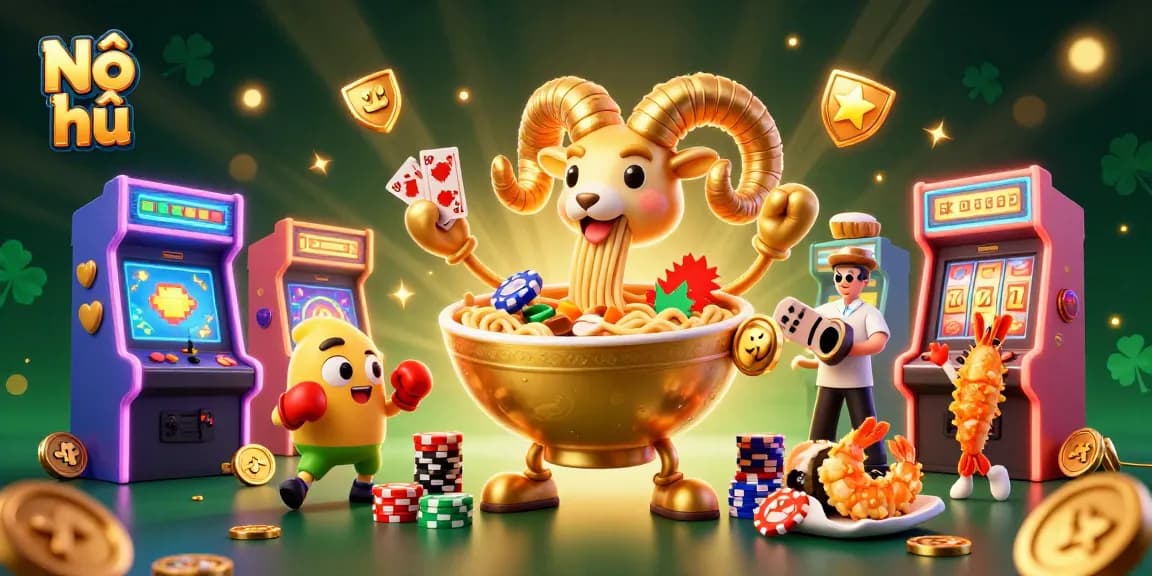 Nổ hũ excitement with a giant ramen bowl dealer amidst colorful casino elements and vibrant gaming icons.